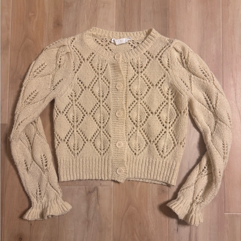 Astr Open-Knit Cream Button-Up Cardigan Sweater